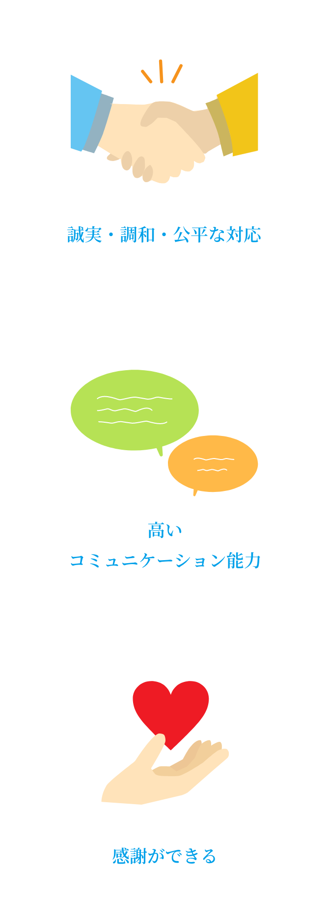 誠実・調和・公平な対応 高いコミュニケーション能力 感謝ができる